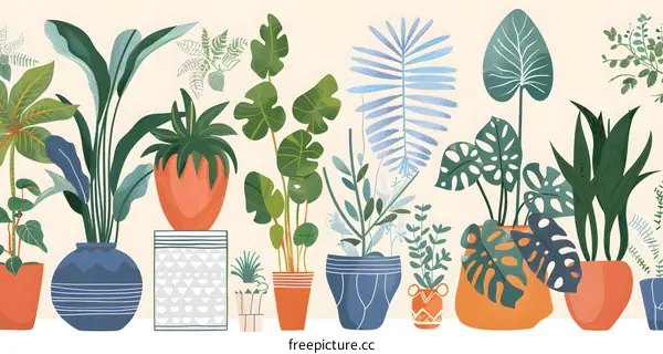 Collection of Different Houseplants in Pots Illustration