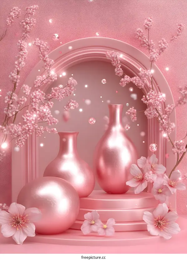 Pink Floral Background with Vases and Orbs