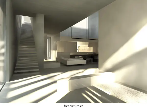 Minimalist Modern Home Interior Design with Staircase and Sunlight