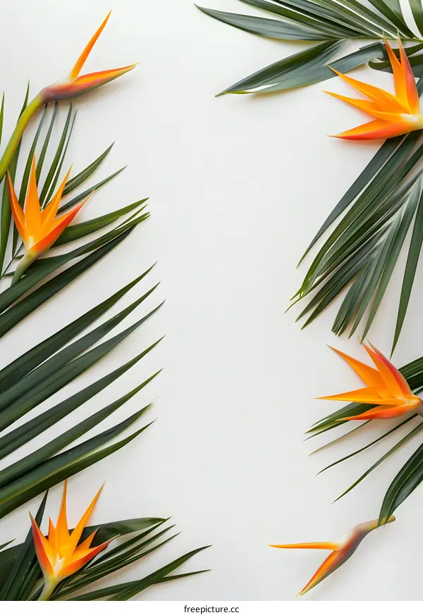Tropical Leaves and Bird of Paradise Flowers on White Background