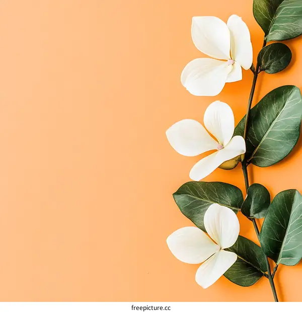 White Flowers and Green Leaves on Orange Background
