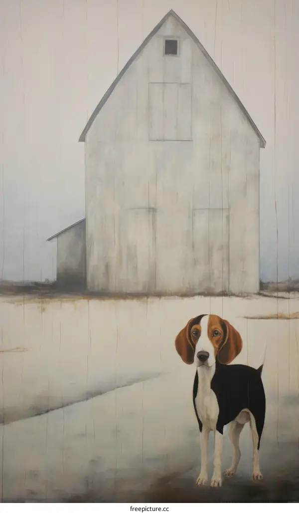 A Beagle Dog Standing in Front of a White Barn