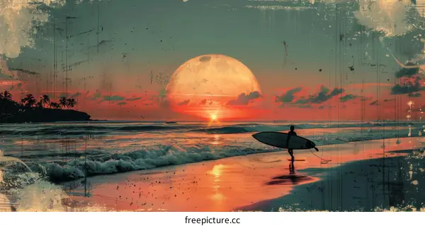 Surfer walking on the beach at sunset with a big moon in the background