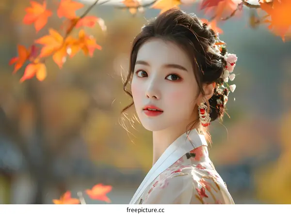 Portrait of a beautiful young woman in traditional Korean dress, or Hanbok, with autumn leaves in the background