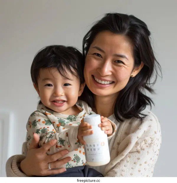 A mother is holding her baby and a bottle of milk.