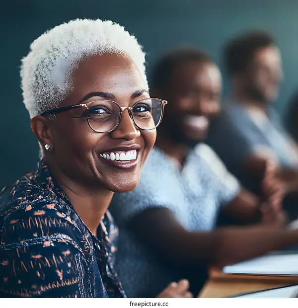 Smiling Black Woman Wearing Glasses in a Meeting
