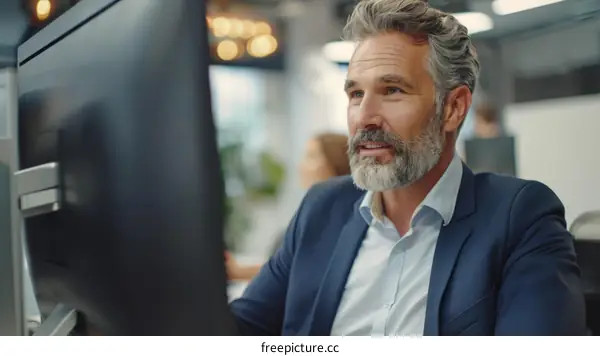 Serious Businessman in Suit Looking at Computer Monitor