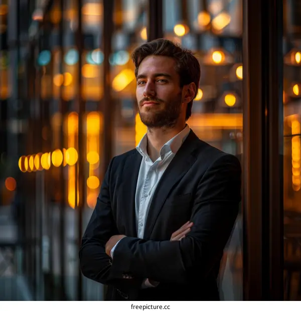 A young man in a suit standing in front of a glass door