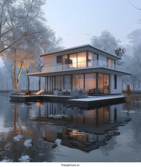 Winter Snow Covered Lakeside Modern House