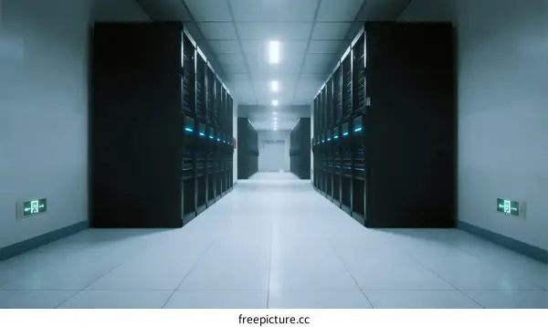 Modern Data Center with Rows of Server Racks and LED Indicators