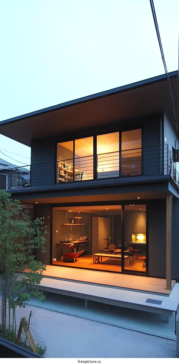 Modern Japanese House with Wooden Deck and Gravel Garden