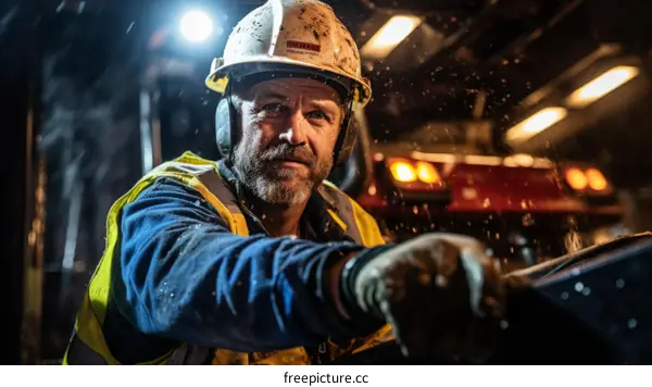 Portrait of a male miner wearing a hard hat and safety vest, operating heavy machinery in an underground mine.