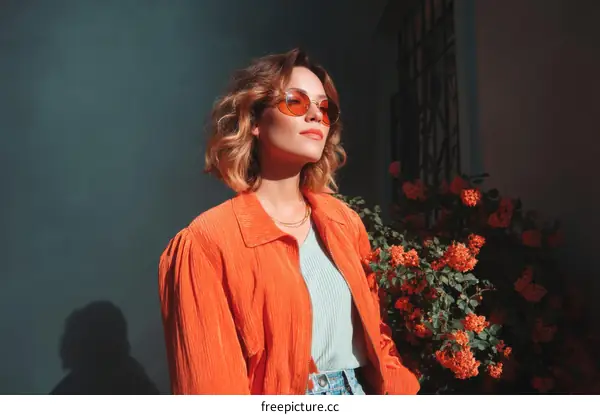 Stylish Woman in Orange Jacket by Flowers