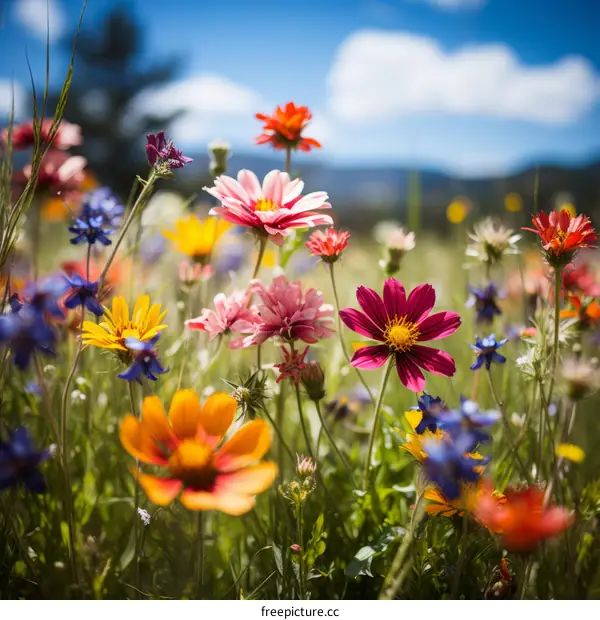 Close-up of a variety of colorful wildflowers in a field