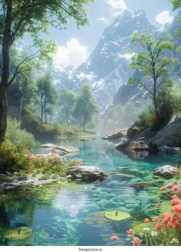Tranquil Mountain Stream in a Lush Valley