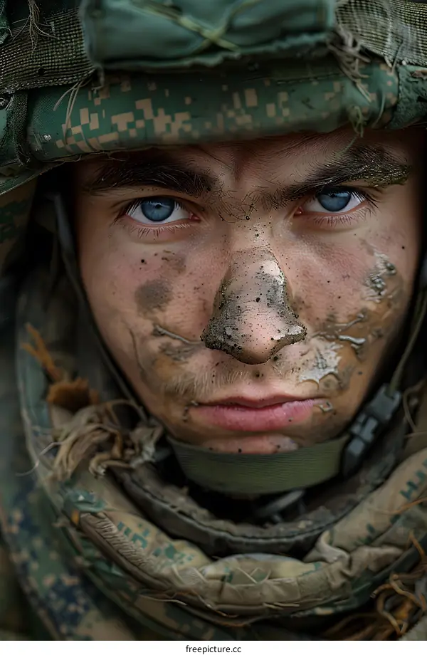 Portrait of a soldier with mud on his face