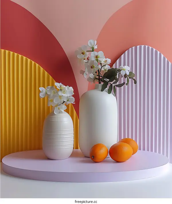 White Vases with Flowers and Oranges on a Pink Round Platform