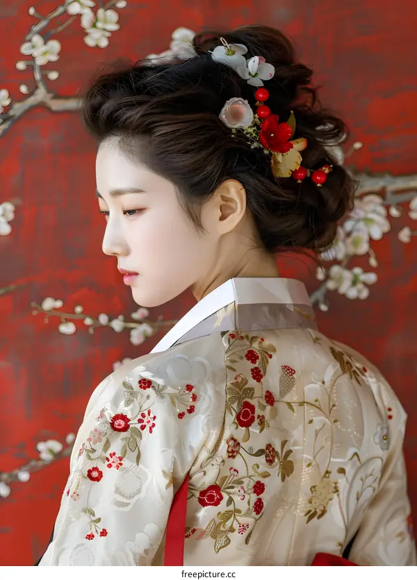 A beautiful Korean woman wearing a hanbok