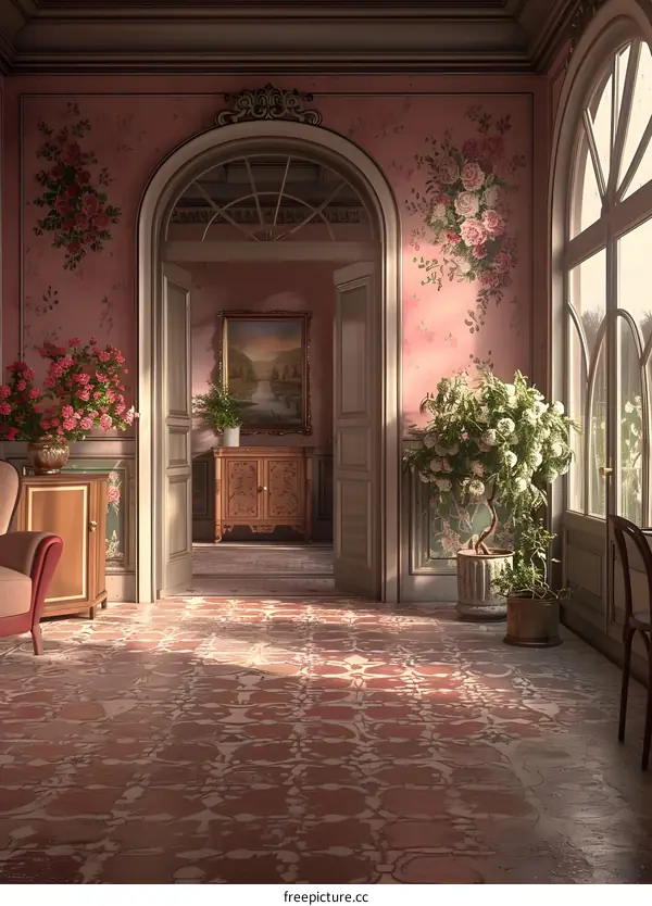 Elegant Interior with Floral Wallpaper