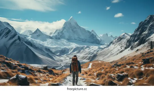 Man hiking alone in the mountains on a snowy day