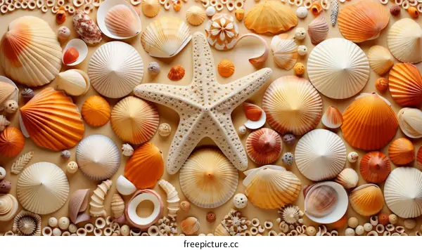 An arrangement of various seashells with an orange starfish in the center