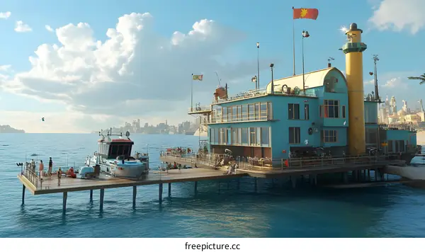 Waterfront Restaurant with Boat and Cityscape