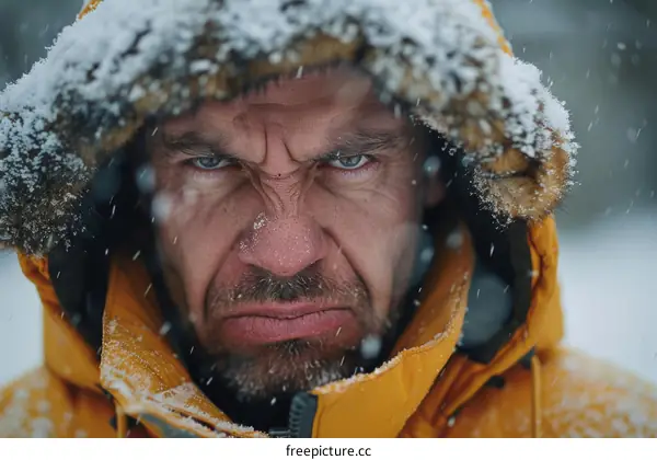portrait of a man in a yellow jacket with a fur hood looking at the camera with a serious expression