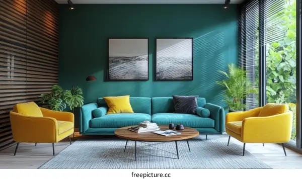 Modern Teal and Yellow Living Room Interior Design