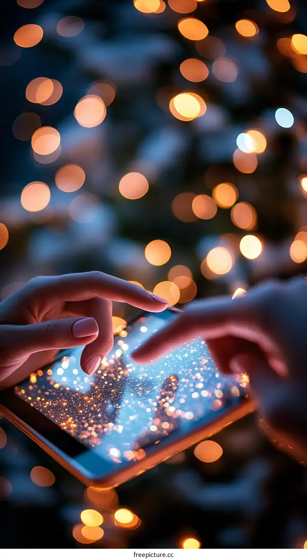 Two Hands Touching Tablet Screen with Festive Lights