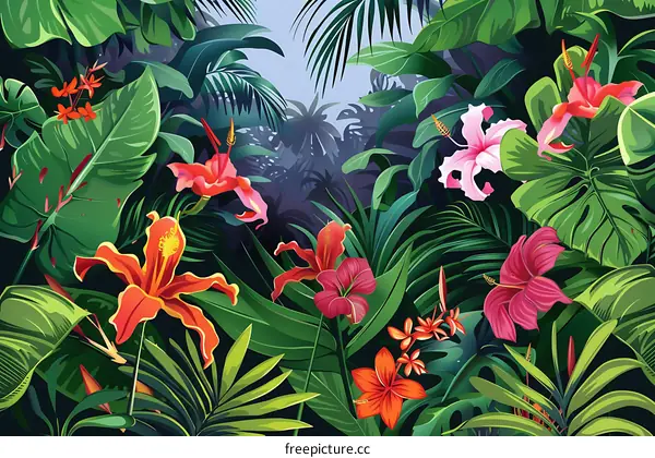 Tropical Rainforest Lush Green Foliage With Vibrant Flowers