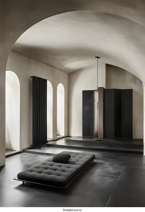 Modern Minimalist Interior Design with Arched Ceilings and Black Furniture