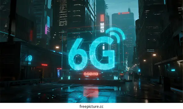 Futuristic Urban Scene with Holographic 6G Network Display