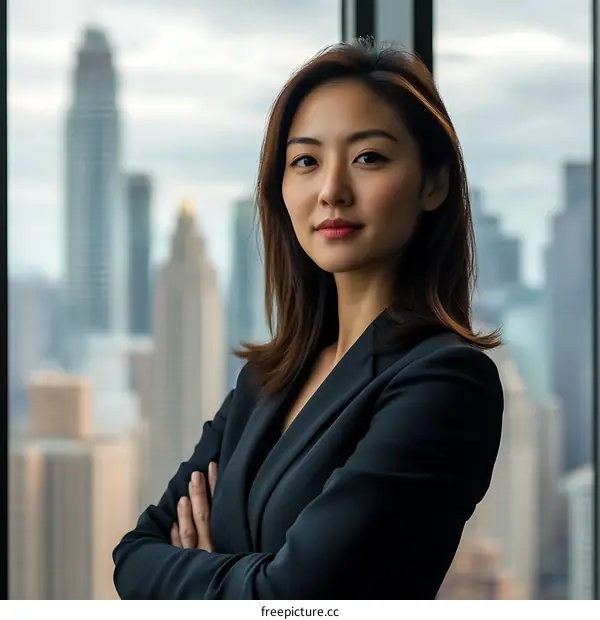 Confident Asian Business Woman in Cityscape View