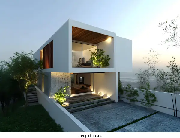 Modern White Two Story Home With Stone Walls