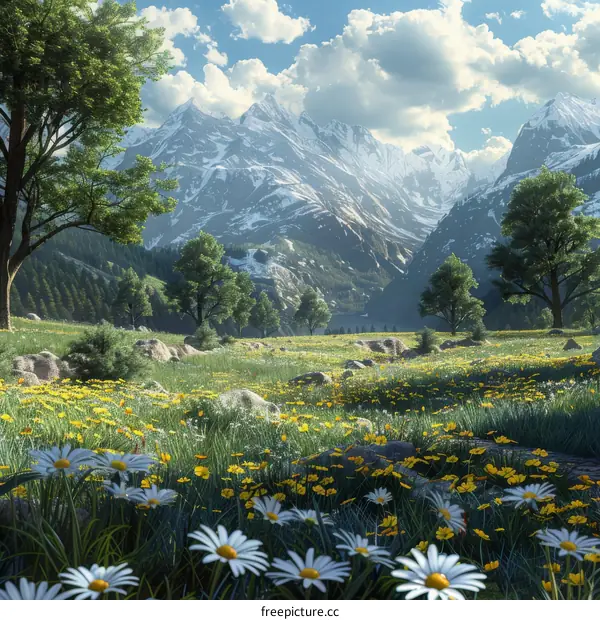 Alpine Meadow with Colorful Wildflowers and Snow-Capped Mountains