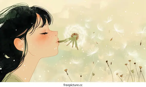 Girl Blowing Dandelion Seeds in a Meadow