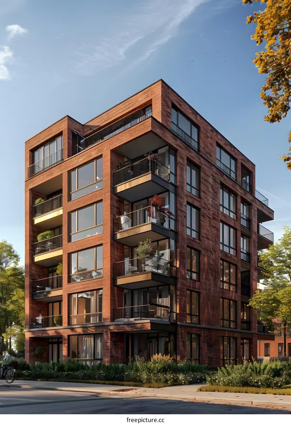 Modern apartment building with brick exterior and large windows