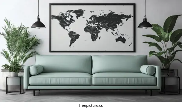 World Map Artwork in Modern Living Room