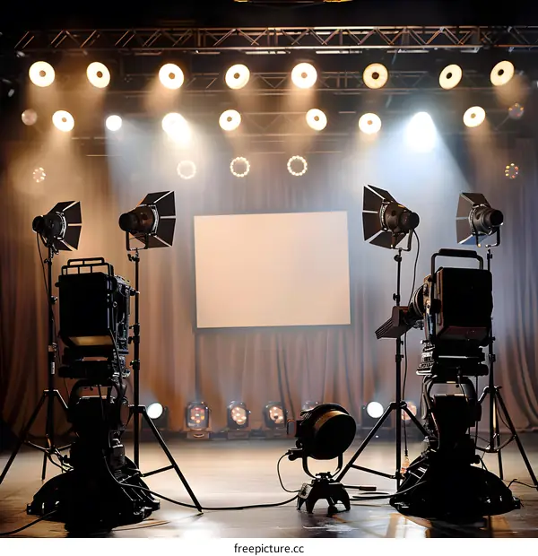 Two professional cameras on tripods set up on a stage with lights