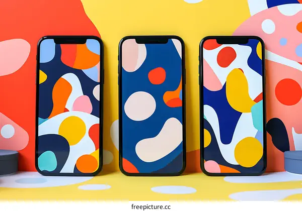 Three Smartphones with Abstract Backgrounds on a Yellow Background