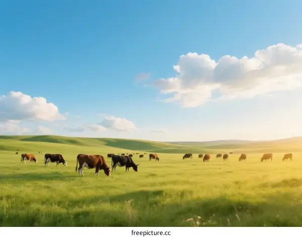 A vast green meadow with grazing cows under a clear blue sky