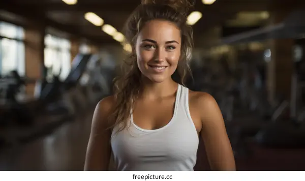 Portrait of a young woman in a white tank top smiling in a gym