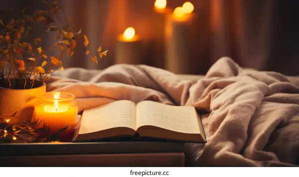 A cozy blanket and a book with candles in the background