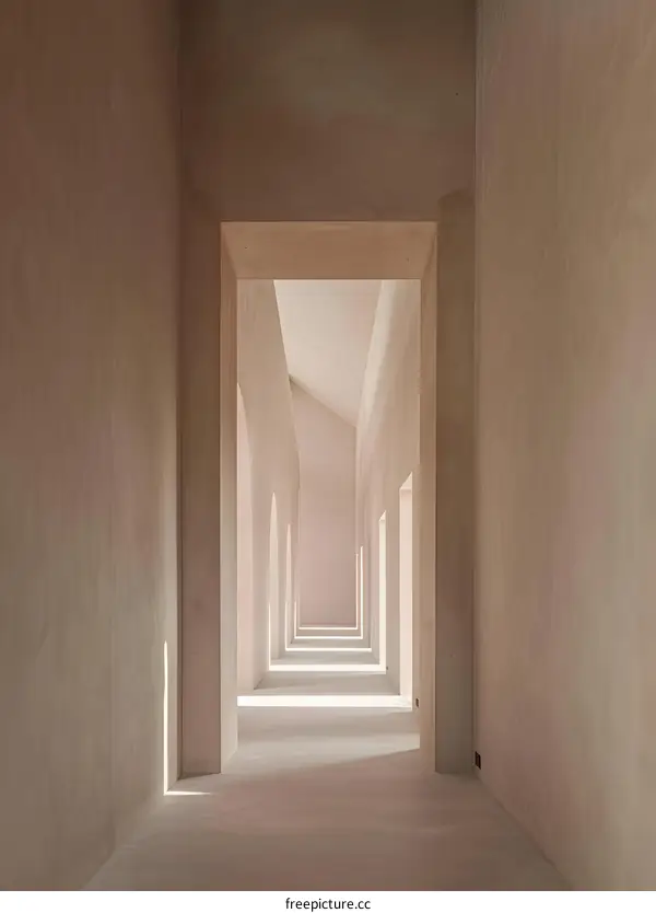 Long Corridor with Arched Doors and Soft Lighting