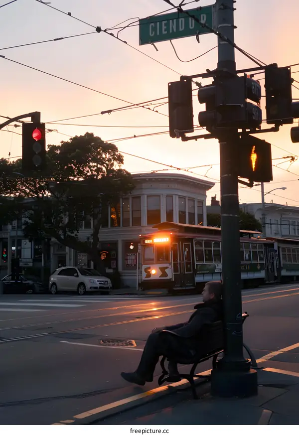 Man Sitting on Bench Watching Streetcar at Sunset