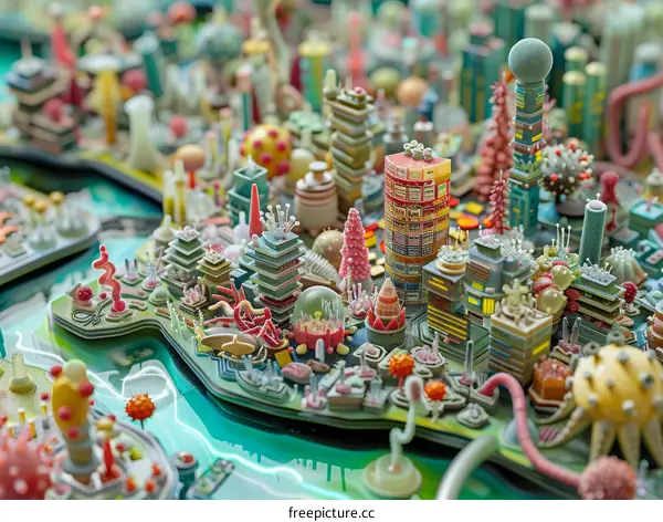 A miniature city made of colorful plastic
