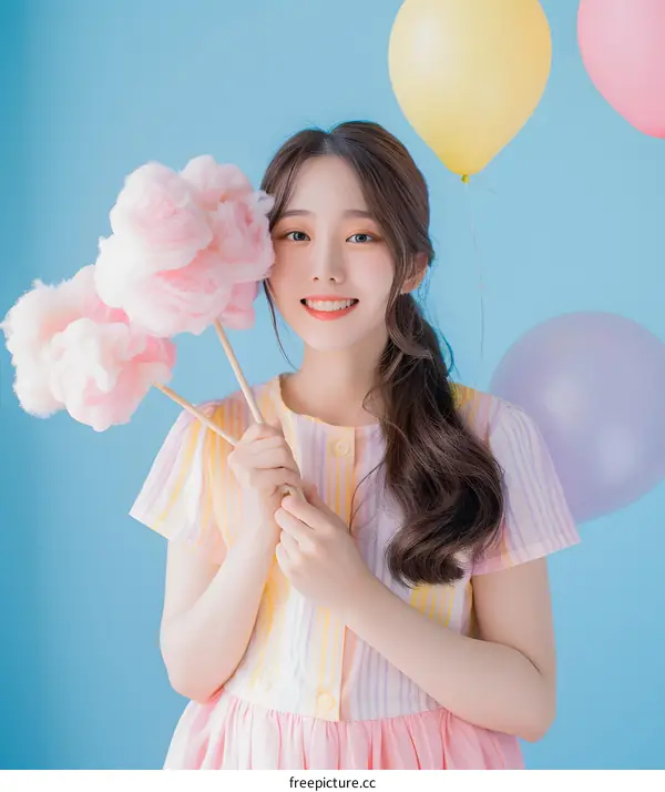 Happy Asian Girl Holding Cotton Candy In Front Of Blue Background