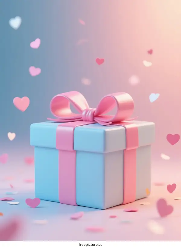 A Beautiful Gift Box with Pink Bow and Floating Hearts