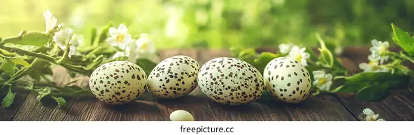 Easter Eggs with Spring Flowers on Wooden Table