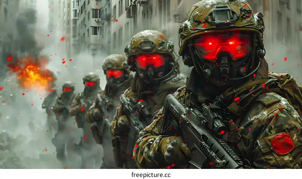 Soldiers in Urban Warfare with Red Eyes